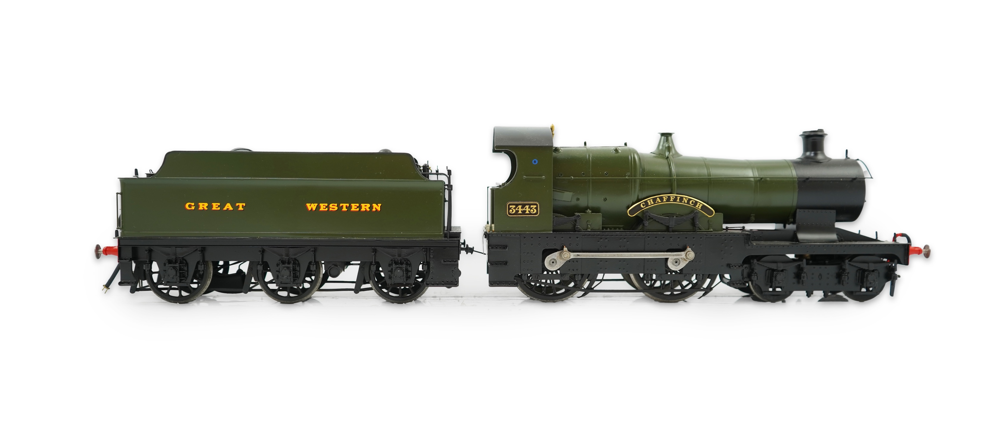 A Gauge One model, possibly kit built, of GWR Chaffinch 3443, 4-4-0 tender locomotive, the model is built to a very high level of detail and powered for two rail operation.